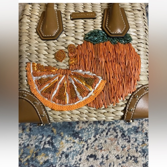 EUC Michael Kors Wicker Purse Handbag Crossbody Embroidered Oranges - Picture 2 of 14